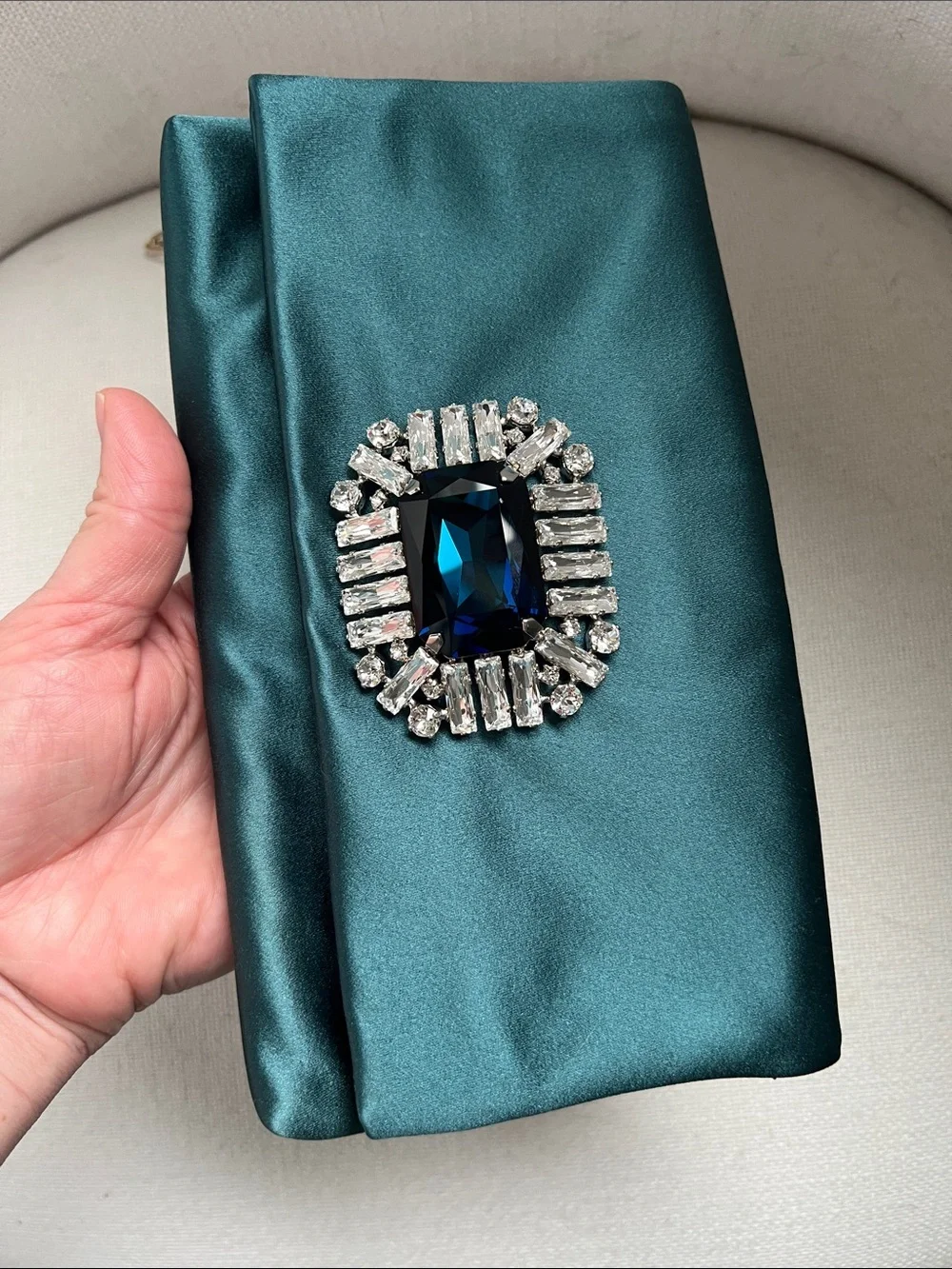Jimmy Choo Teal Satin Crystal-Embellished Clutch
